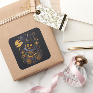 Guldhäxkatte-dekal Elegant Halloween-etikett Fyrkantigt Klistermärke