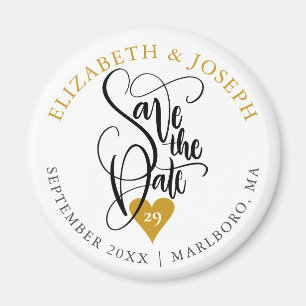 Guldhjärta Elegant Script Spara datumet Magnet