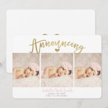 Guldhjärtad Babyflicka Födelsekungörelse 3 Bilder