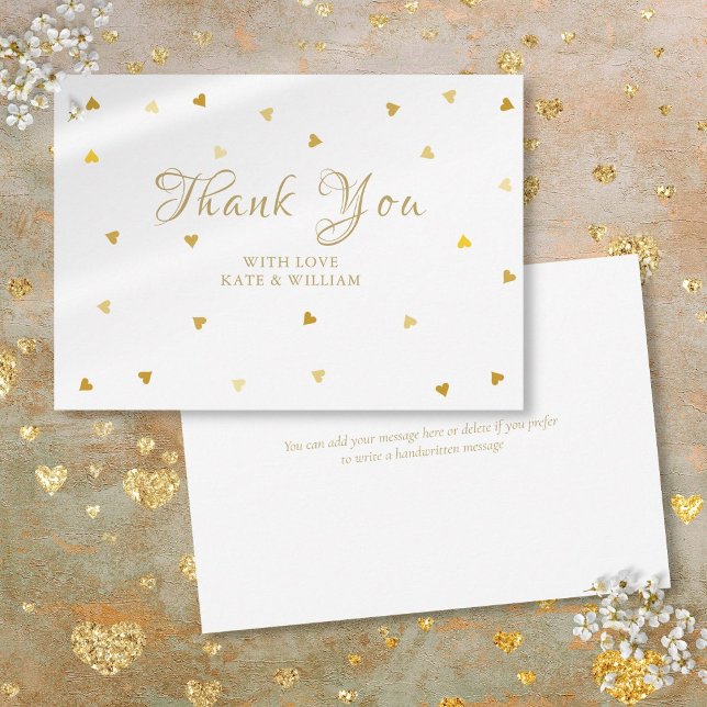 Guldhjärtad Konfetti Script Tack Kort (Gold Hearts Confetti Script Thank You)
