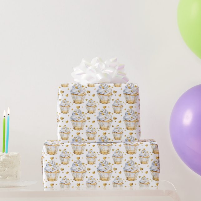 Guldhjärtade Cupcakes Födelsedag Presentpapper (Festgåvor)