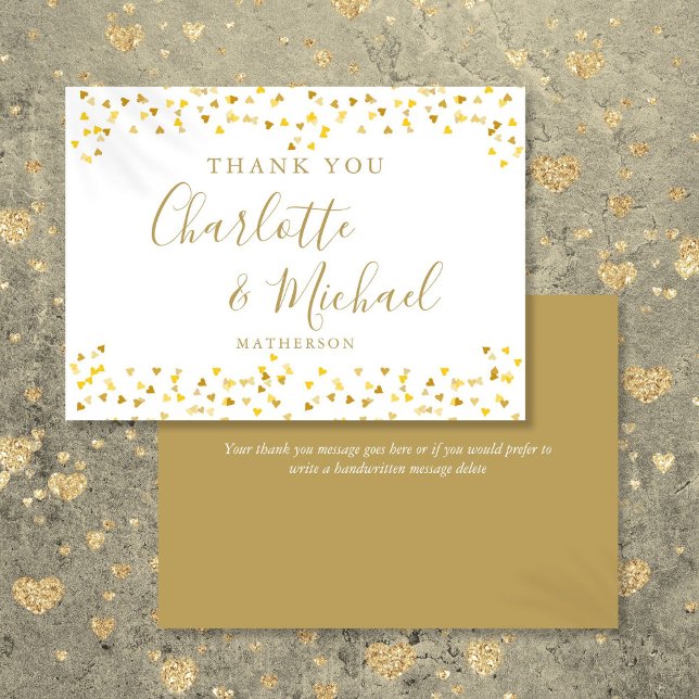 Guldhjärtans Konfetti Signatur Skrift Bröllop Tack Kort (Gold Hearts Confetti Signature Script Wedding Thank You Card)