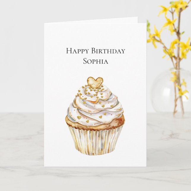 Guldhjärtat Cupcake Födelsedag Kort (Gul blomma)