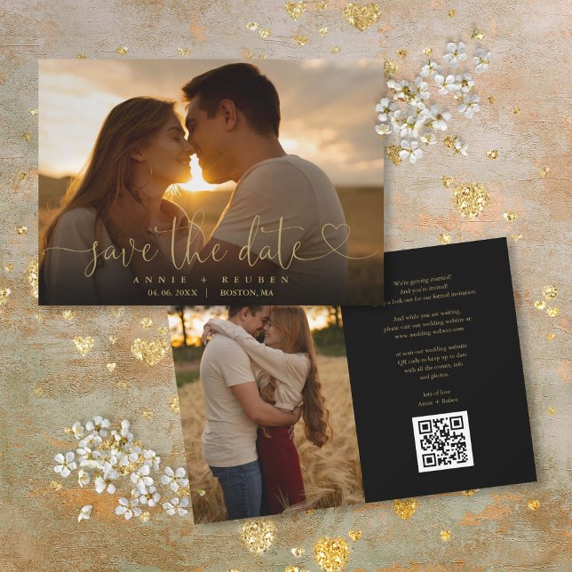 Guldhjärtsskript Foto Bröllops QR-kod Spara Datumet (Gold Heart Script Photo Wedding QR Code Save The Date)