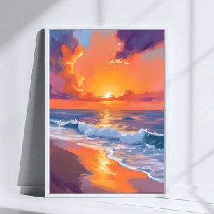 Guldhour Orange Solnedgång Strand Hav Måleri Poster