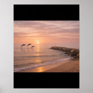 Guldiga Solnedgångsdelfiner Strand Canvas Väggkons Poster