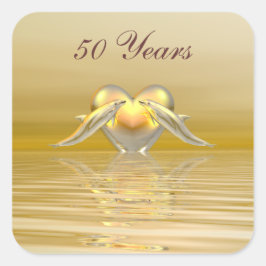 Guldjubileumsdelfiner och hjärta fyrkantigt klistermärke