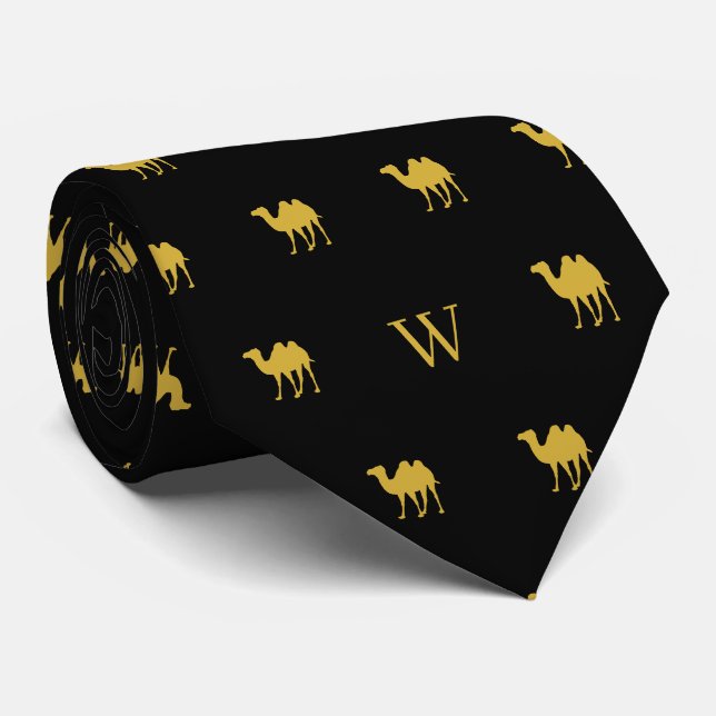 Guldkamel Humpday-monograminitialer Svart Slips (Rullad)