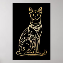 Guldkatillustration för kattälskare Lineart-stil Poster