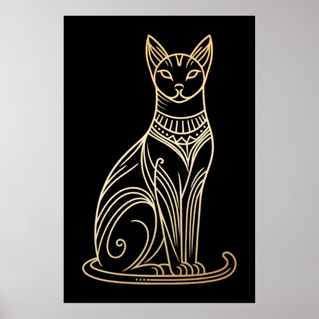 Guldkatillustration för kattälskare Lineart-stil Poster (Framsidan)