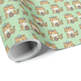 Guldkatt Virkad Garnboll Grön Estetisk Dekor Presentpapper