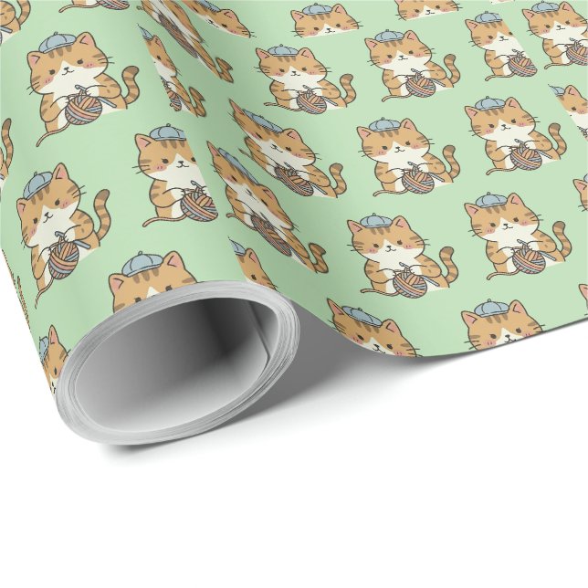 Guldkatt Virkad Garnboll Grön Estetisk Dekor Presentpapper (Rullad Hörn)