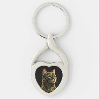 Guldkatten Gröna Ögon Elegant Konst Twisted Heart Silverfärgad Nyckelring