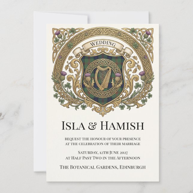 Guldkeltisk monogram bröllopsinbjudan inbjudningar (Framsida)