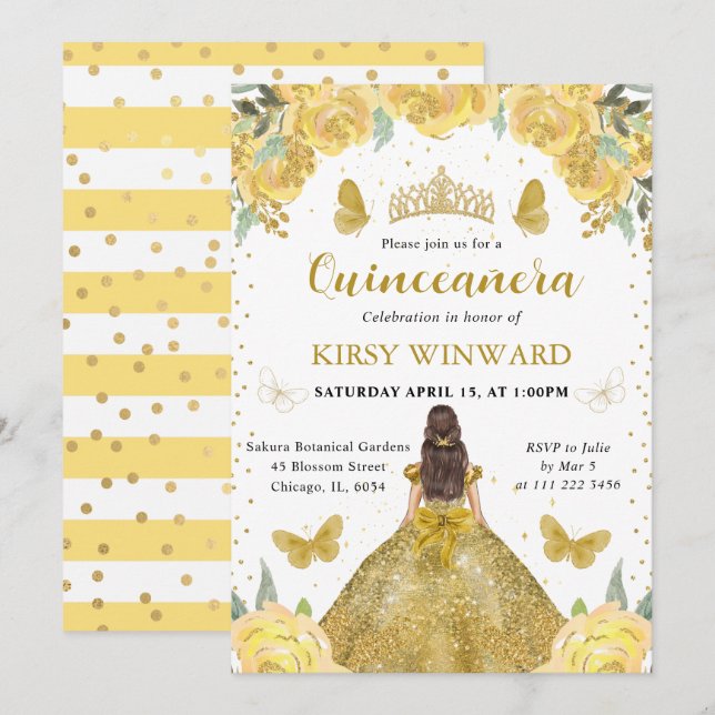 Guldklänning Brunett Prinsessa Quinceanera Inbjudningar (Fram/baksida)