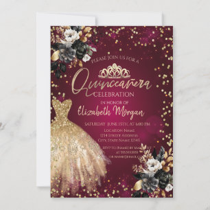 Guldklänning, diamanter Svarta rosor Quinceañera Inbjudningar