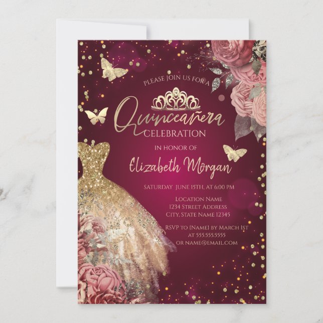 Guldklänning,Fjärilar Röda Blommor Quinceañera Inbjudningar (Framsida)