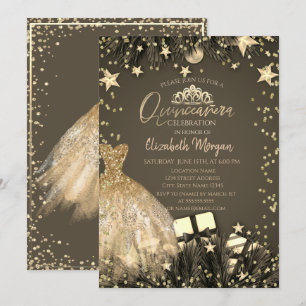 Guldklänning, Grenar, Diamantstjärnor Quinceañera Inbjudningar