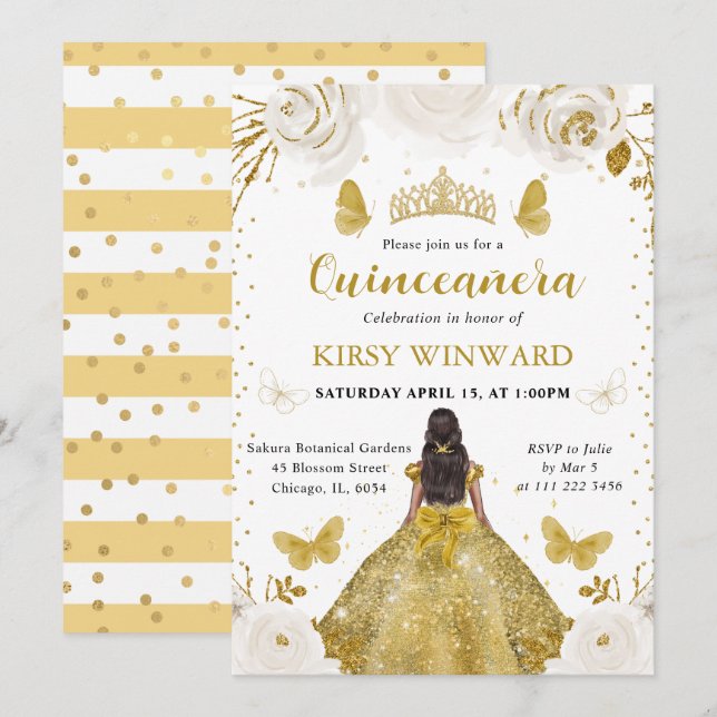 Guldklänning Mörk Hy Prinsessa Quinceanera Inbjudningar (Fram/baksida)