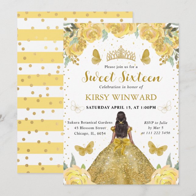 Guldklänning Mörk Hy Prinsessa Sweet 16 Inbjudningar (Fram/baksida)