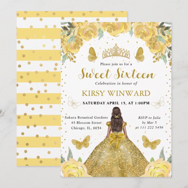 Guldklänning Mörk Hy Prinsessa Sweet 16 Inbjudningar (Fram/baksida)