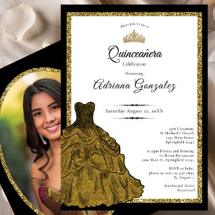 Guldklänning och tiara Anpassad foto Quinceanera Inbjudningar