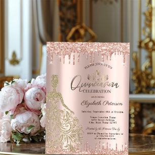 Guldklänning Rosa Guld Glitter Droppar Quinceañera Inbjudningar