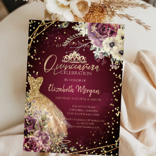 Guldklänning Tiara, Blommig Burgundy Quinceañera Inbjudningar