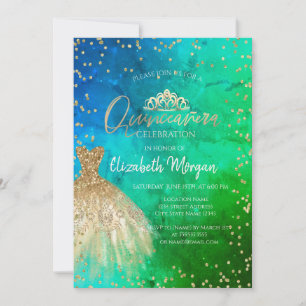 Guldklänning Tiara, diamanter Grön Blå Quinceañera Inbjudningar