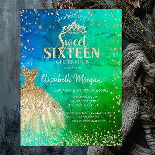 Guldklänning Tiara, diamanter Grön Blå Quinceañera Inbjudningar