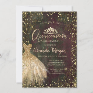 Guldklänning Tiara, Diamanter Retro Quinceañera Inbjudningar
