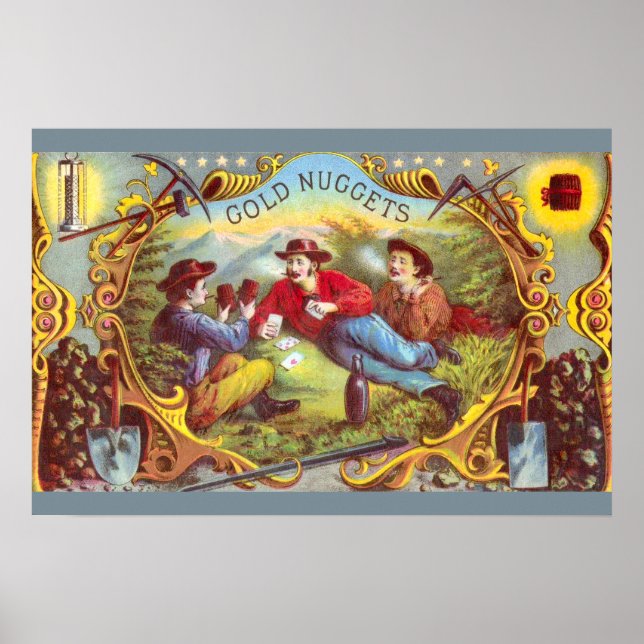 Guldklimpar: Antik Cigaretiket Wild West-konst Poster (Framsidan)