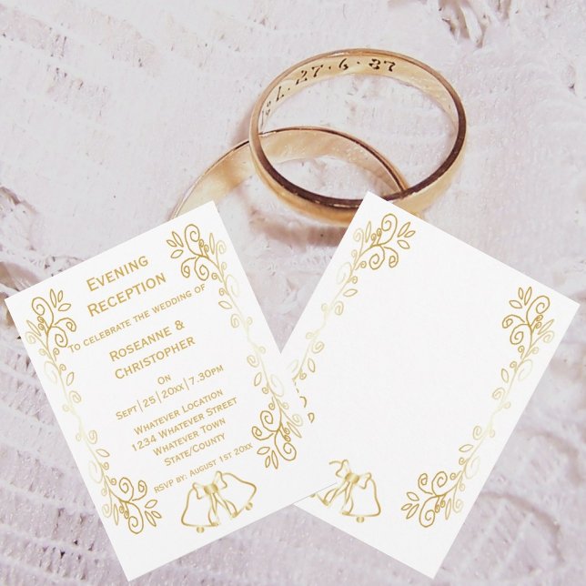 Guldklockor Scrollwork Bröllopsmottagning Inbjudningar (Gold bells scrollwork wedding reception invite)
