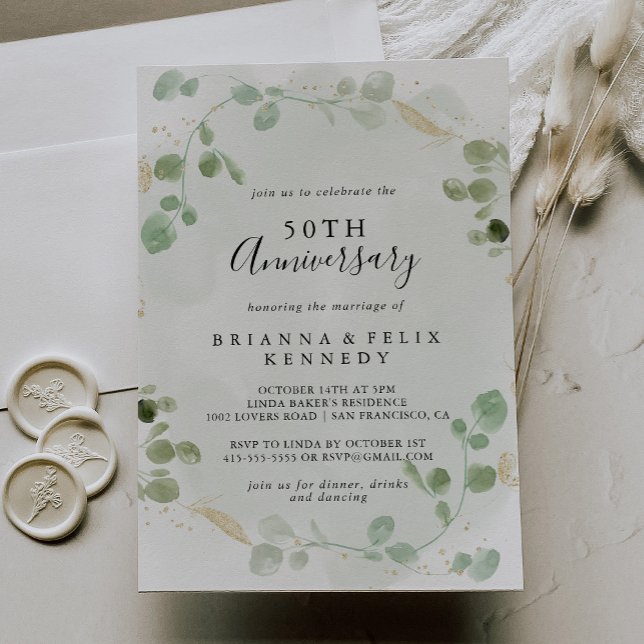 Guldkonfetti Eucalyptus 50-års bröllopsjubileum Inbjudningar (Skapare uppladdad)