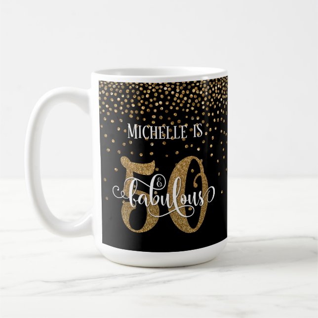 Guldkonfetti-manus 50 & fantastisk över svart kaffemugg (Vänster)