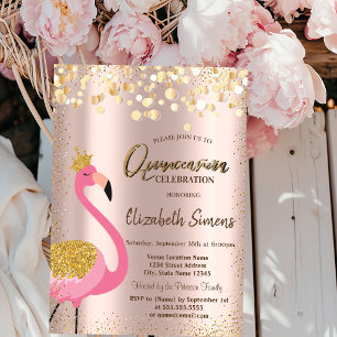 Guldkonfetti Rosa Flamingo Roséguld Quinceañera Inbjudningar