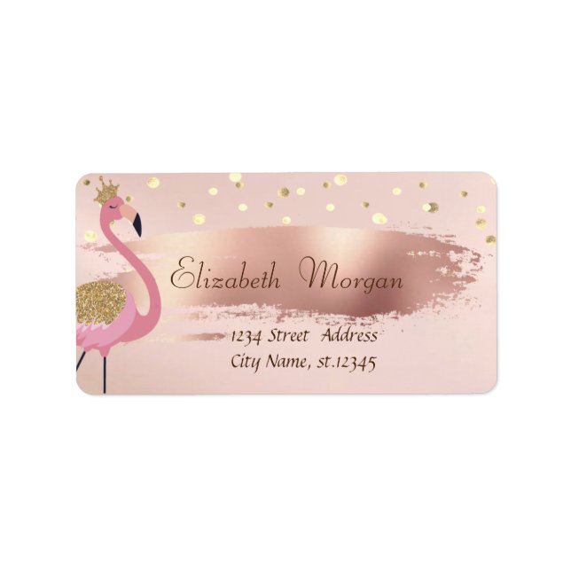 Guldkonfetti, Rosa Guld Penseldrag Rosa Flamingo Adressetikett (Framsidan)