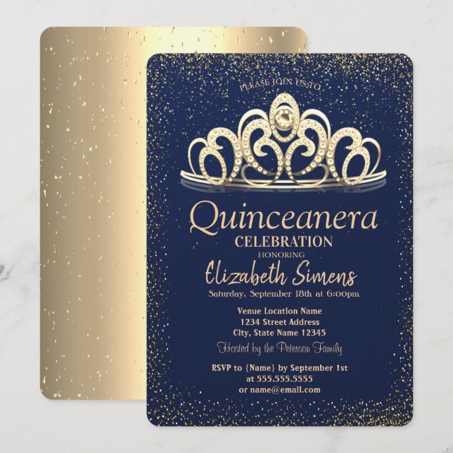 Guldkonfetti Tiara Marinblå Quinceañera   Inbjudningar (Fram/baksida)