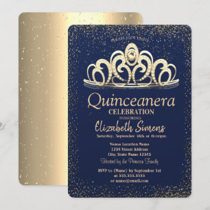 Guldkonfetti Tiara Marinblå Quinceañera Inbjudningar