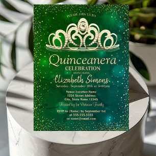 Guldkonfetti Tiara Vattenfärg Grön Quinceañera Inbjudningar