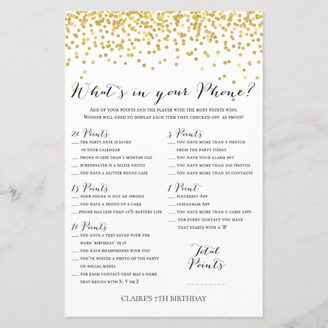 Guldkonfetti Vad finns i din telefon Födelsedagsle (Framsida)