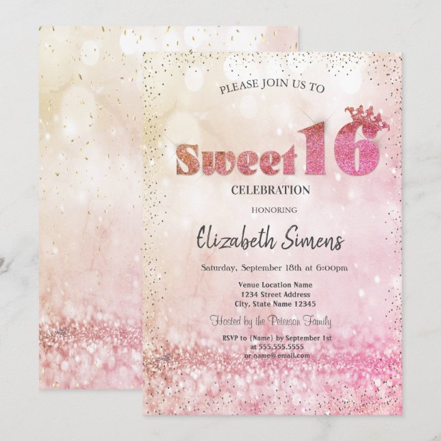 Guldkonfettifurstinnan Bokeh Sweet 16 Inbjudningar (Fram/baksida)