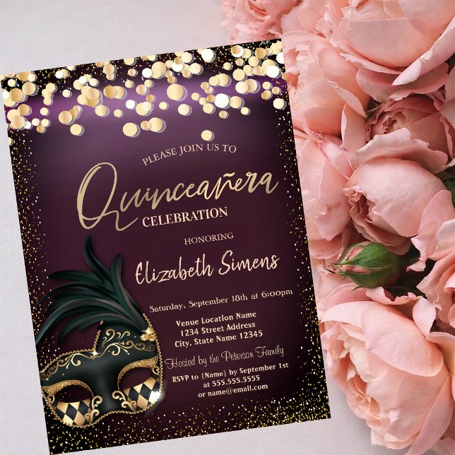 Guldkonfettimask Burgunder Quinceañera   Inbjudningar (Skapare uppladdad)