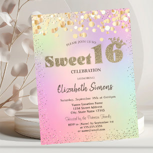 Guldkonfettiprickar Prinsessa Holografisk Sweet 16 Inbjudningar