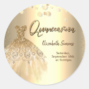 Guldkonfettipunkter, Chic klänning Quinceañera Runt Klistermärke
