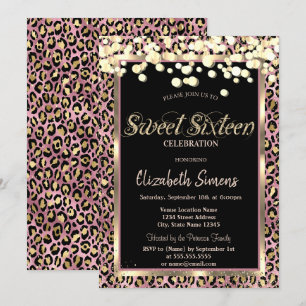 Guldkonfettipunkter Leopardtryck Sweet 16 Inbjudningar