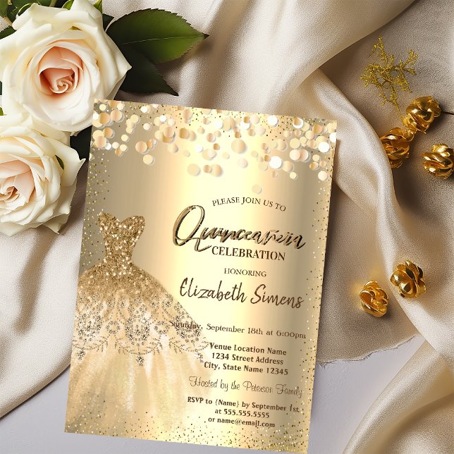 Guldkonfettprickar, Chic klänning Quinceañera Inbjudningar (Skapare uppladdad)
