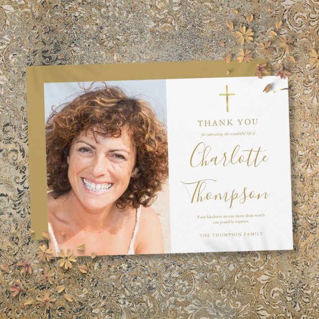 Guldkors Kristet Minnesmärke Begravningsfoto Tack Kort (Gold Cross Christian Memorial Funeral Photo Thank You Card)