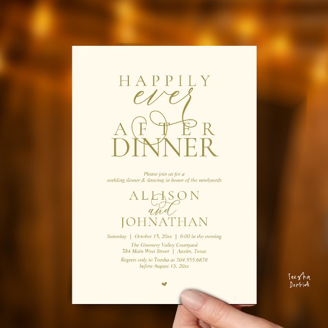 Guldkräm Lyckliga Slutet Efter Middag Bröllop Inbjudningar (Cream Gold Happily Ever After Dinner Modern Script Wedding Invitation Card)