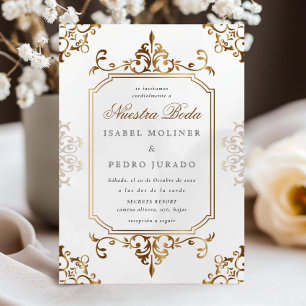 Guldkräm Ornament Vintage Nuestra Boda Bröllop Inbjudningar